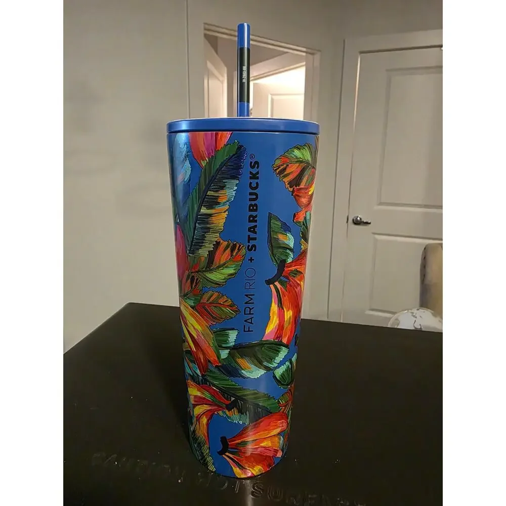 Starbucks Farm Rio Blue Straw Tumbler with Pink Bananas